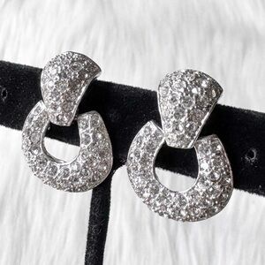 Vintage Pave Estate Signed Roman Rhinestone Door Knocker Silver Earrings Dangle